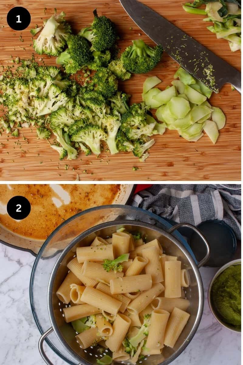 Collage showing broccoli florets being sliced and then drained with cooked pasta in a colander.