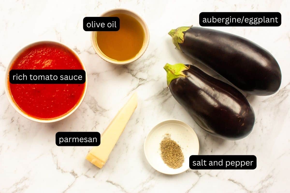 Labelled ingredients required to make aubergine parmigiana.