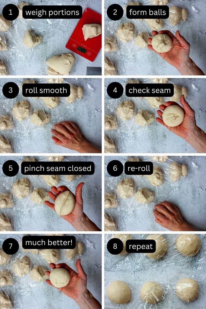 Collage showing bagel dough portioned and shaped into balls.