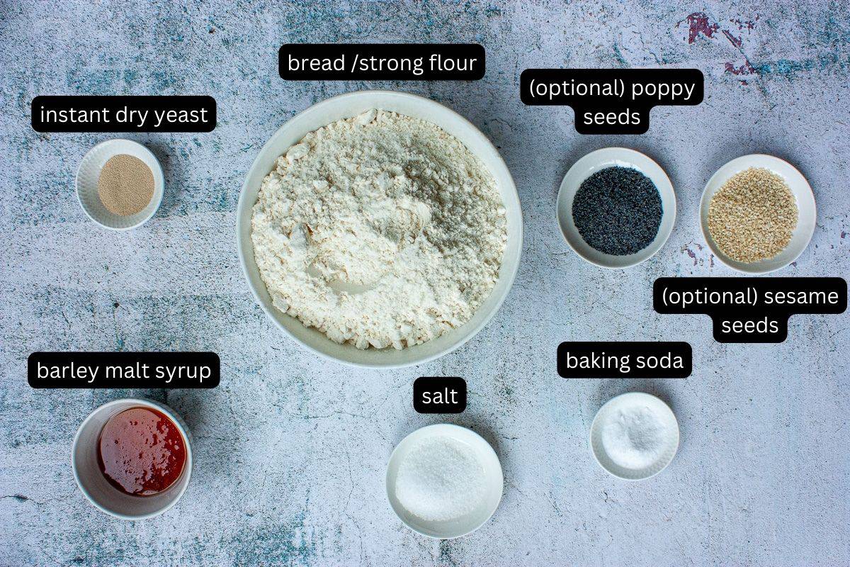 Annotated ingredients needed to make bagels.