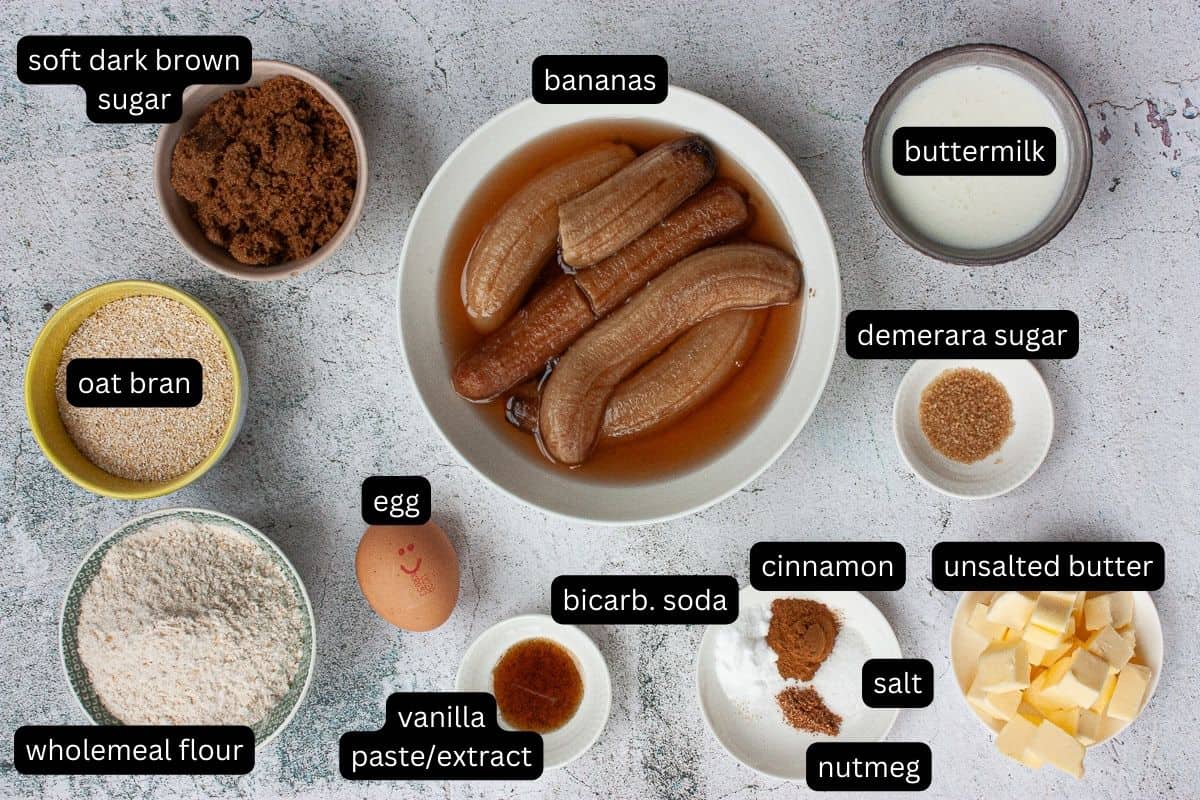 Annotated ingredients needed to make banana cake.