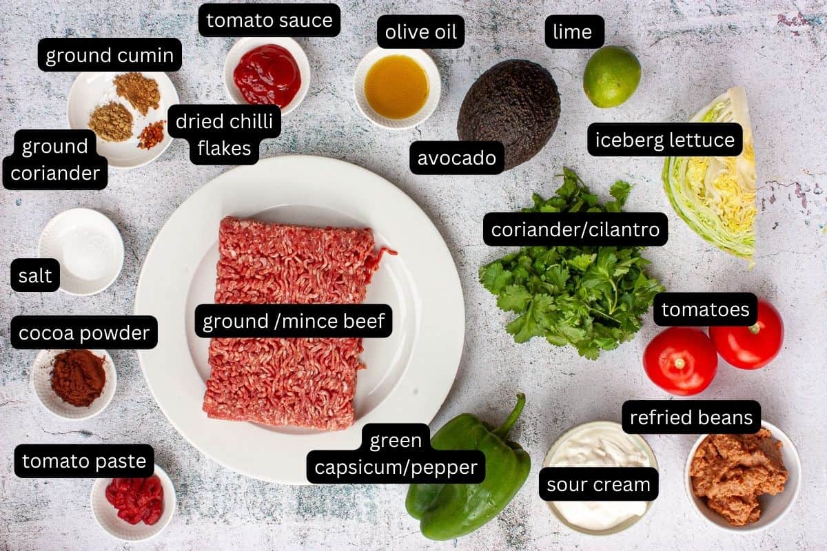 Annotated ingredients needed to make beef tacos.