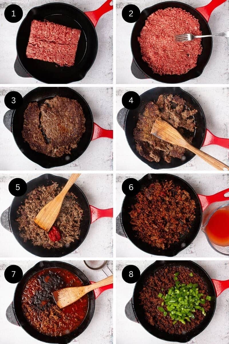 Collage showing the steps to make the meat filling for beef tacos.