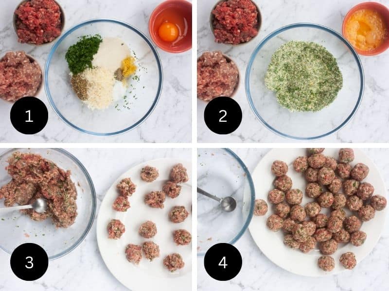 Collage showing process of making meatballs.