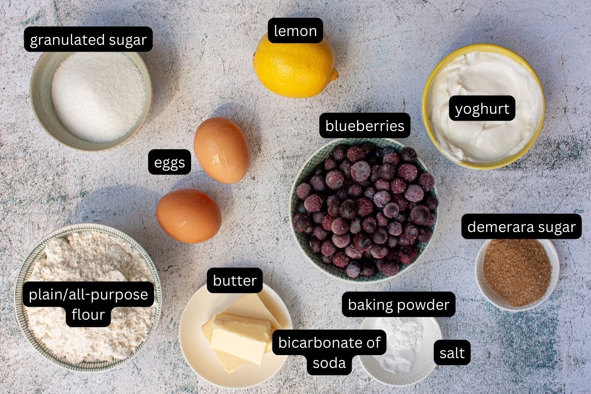 Ingredients required to make blueberry muffins.