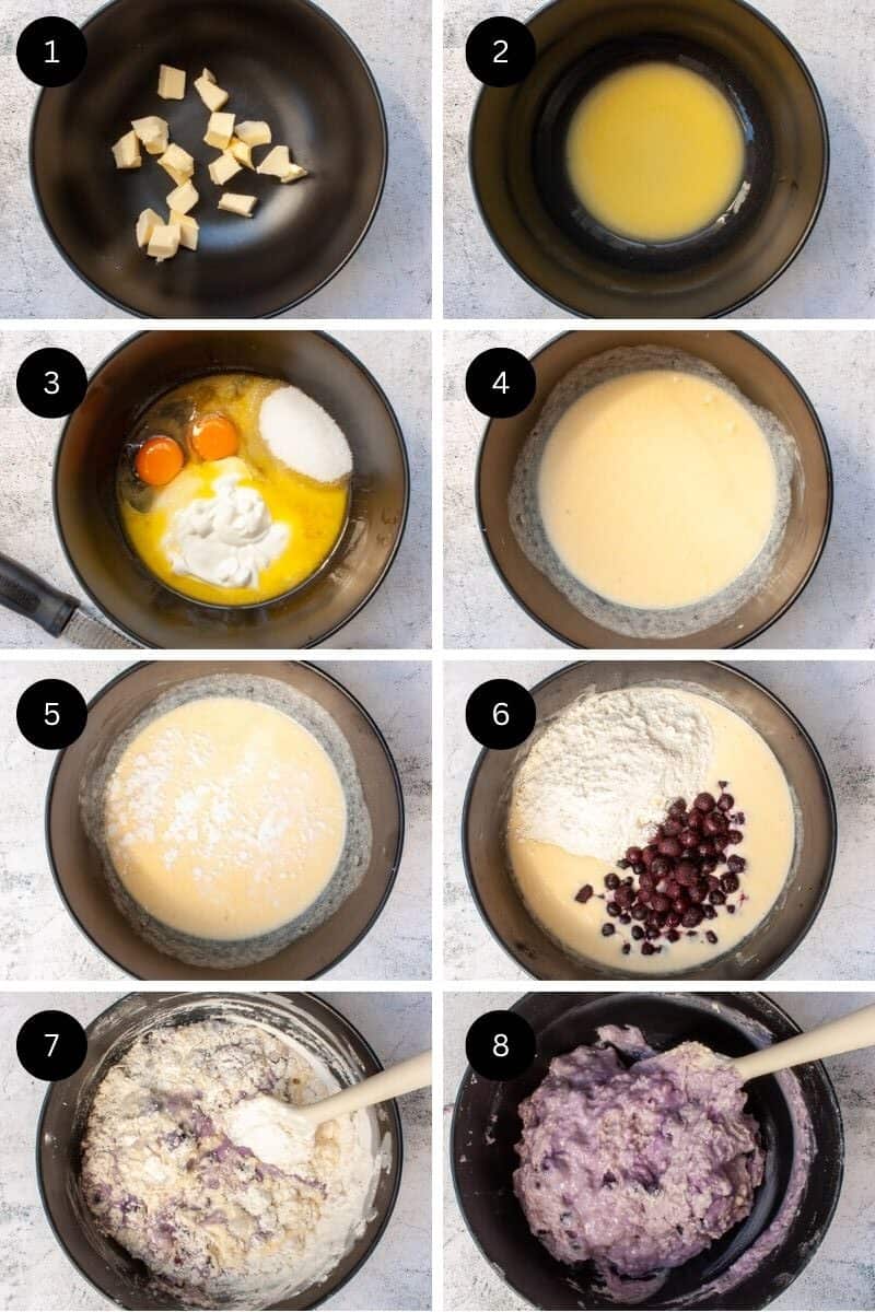 Collage of photos showing the process for making blueberry muffin batter.