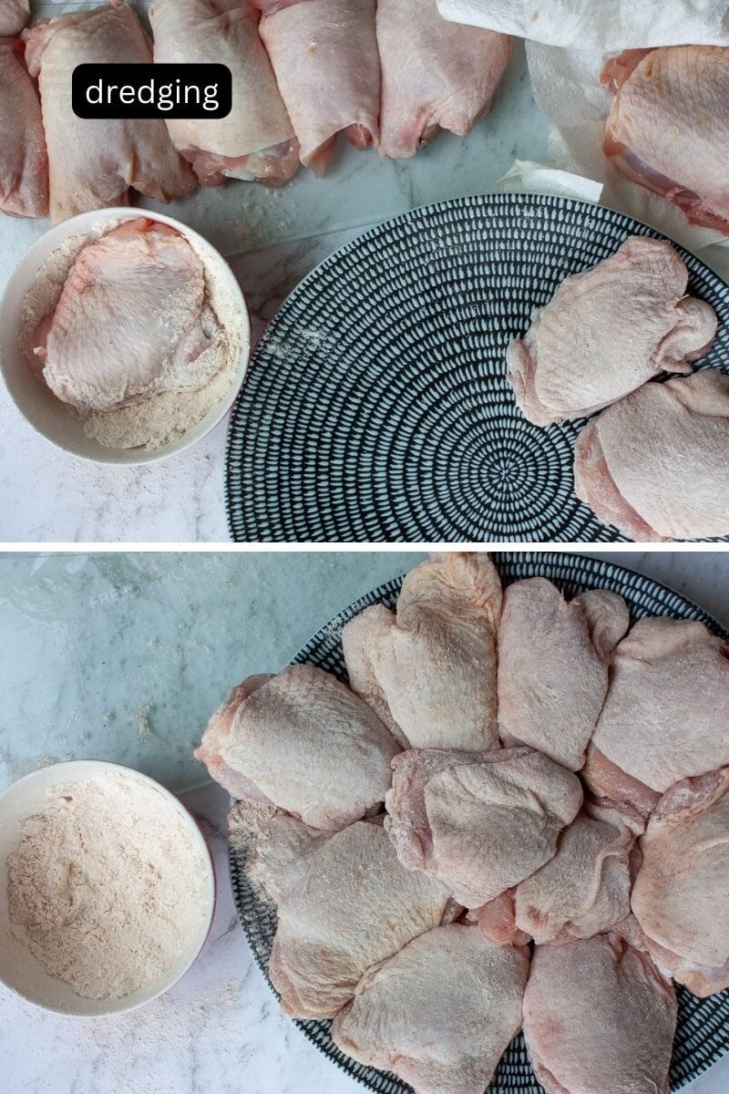 Collage showing chicken thighs being dipped in seasoned flour and laid on a black and white plate.