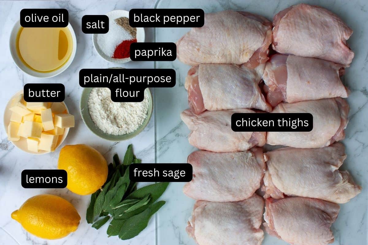 Annotated ingredients required to make braised chicken thighs in a lemon, sage brown butter sauce.