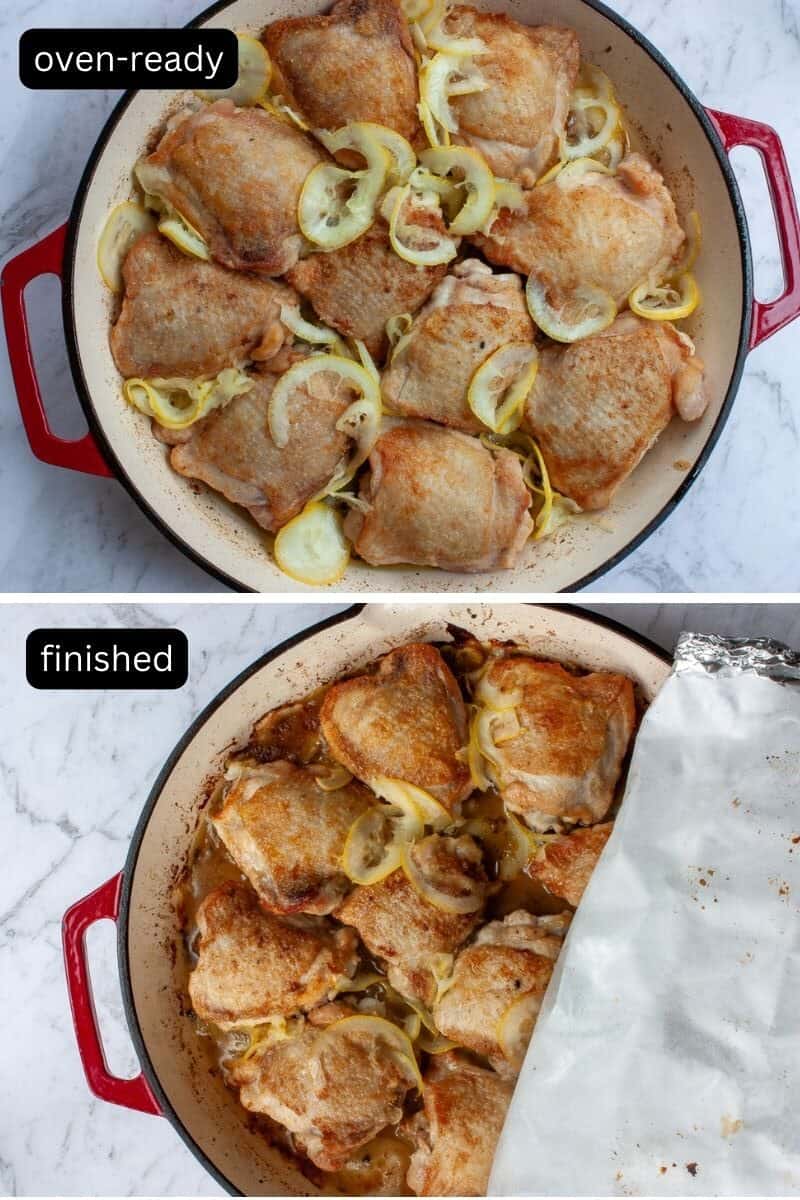 Collage showing the braised chicken thighs ready to go in the oven, then after cooking with the paper and foil layer peeled back.