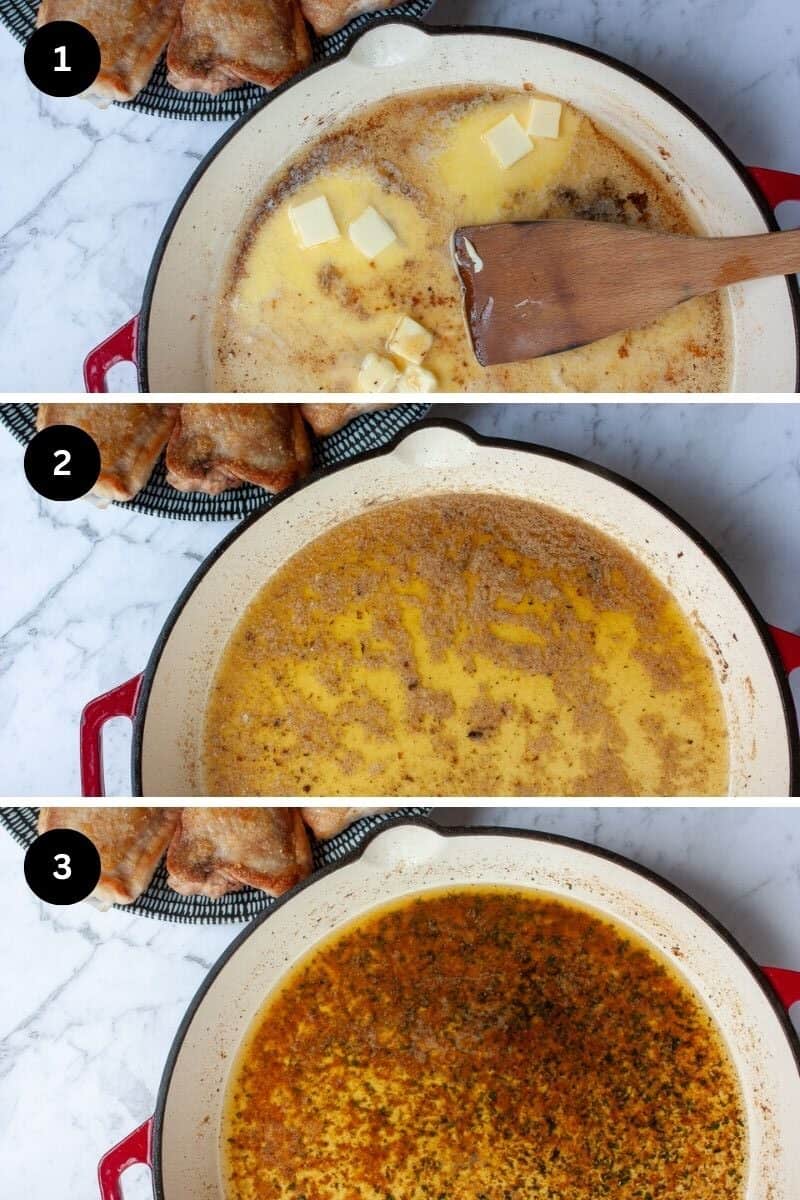 Collage showing the development of colour in the browned butter sauce.