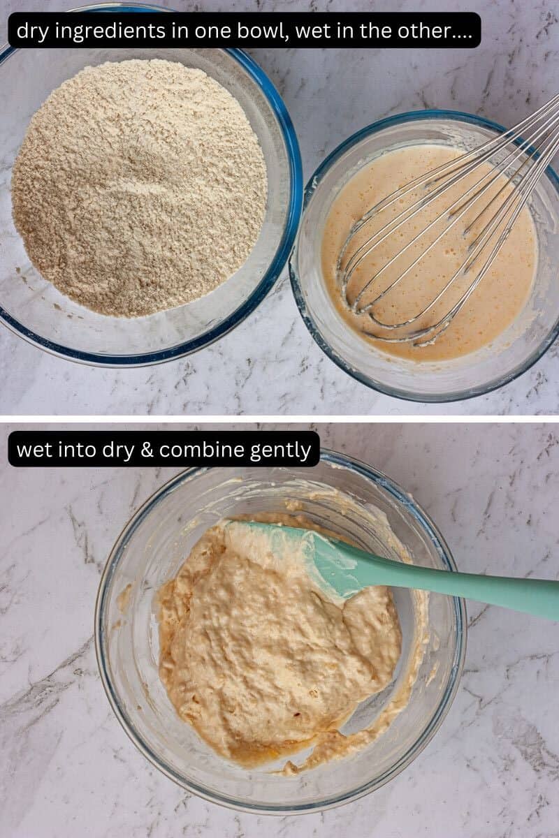 Collage showing wet ingredients combined in one bowl and dry in another, then combined to make a bubbly thick batter.