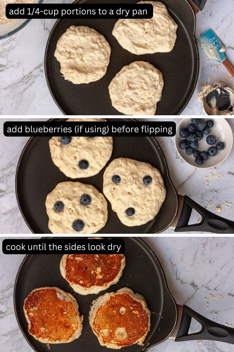 Collage showing the process of cooking buttermilk pancakes in a pan, three at a time.