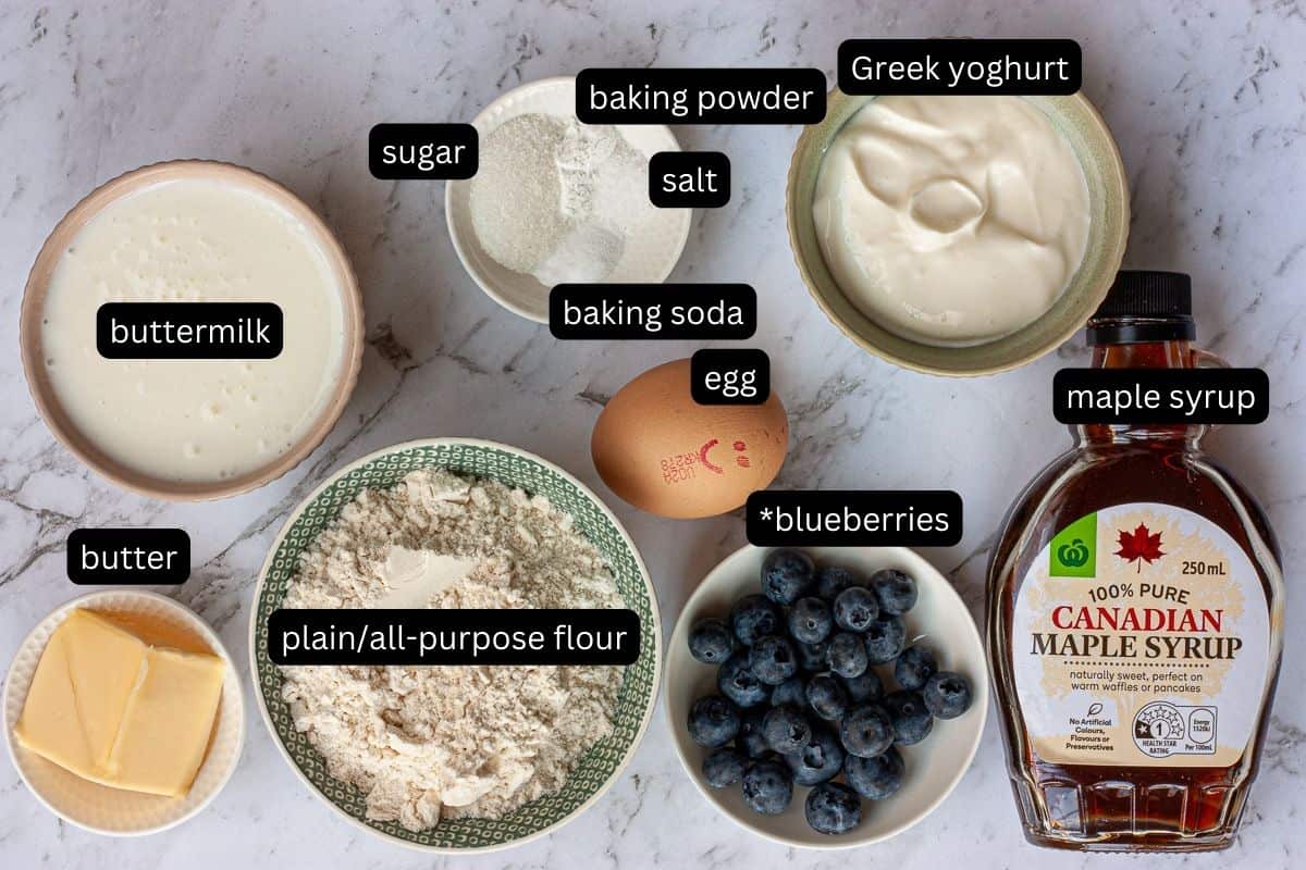 Annotated ingredients needed to make buttermilk pancakes.