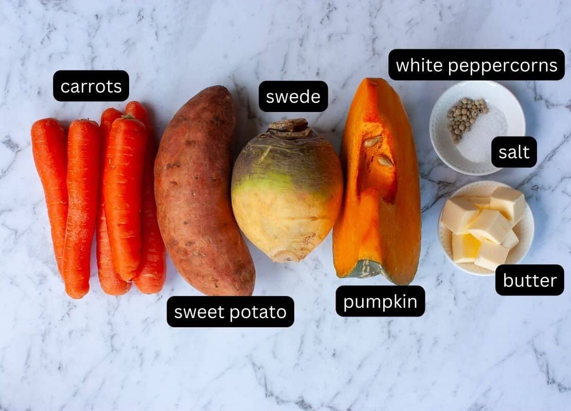 Annotated ingredients required to make carrot, sweet potato, swede and pumpkin mash.