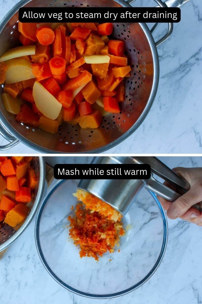 Collage showing cooked veg before and after mashing.