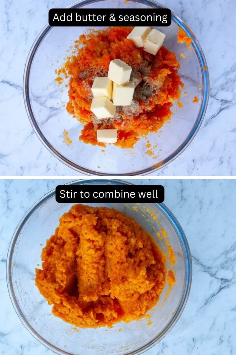 Collage showing butter and seasoning being added to mash, and finished dish.