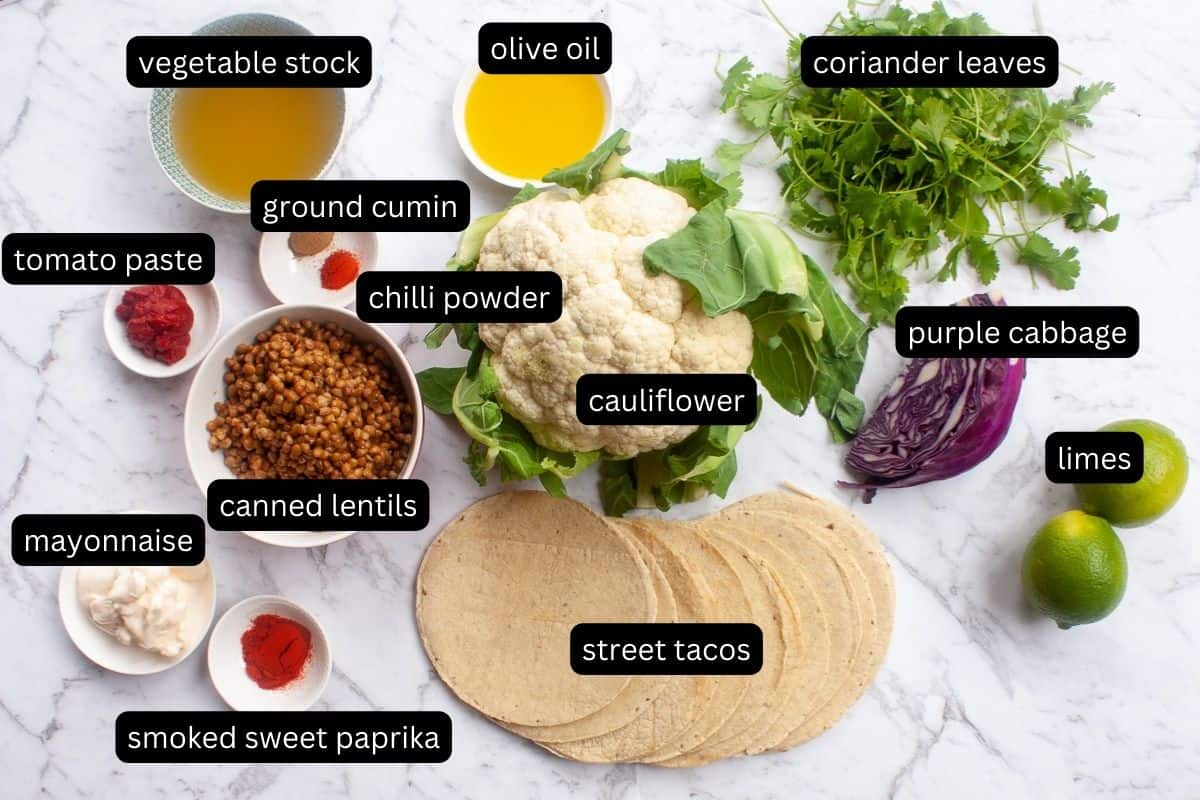 Ingredients needed to make cauliflower tacos.