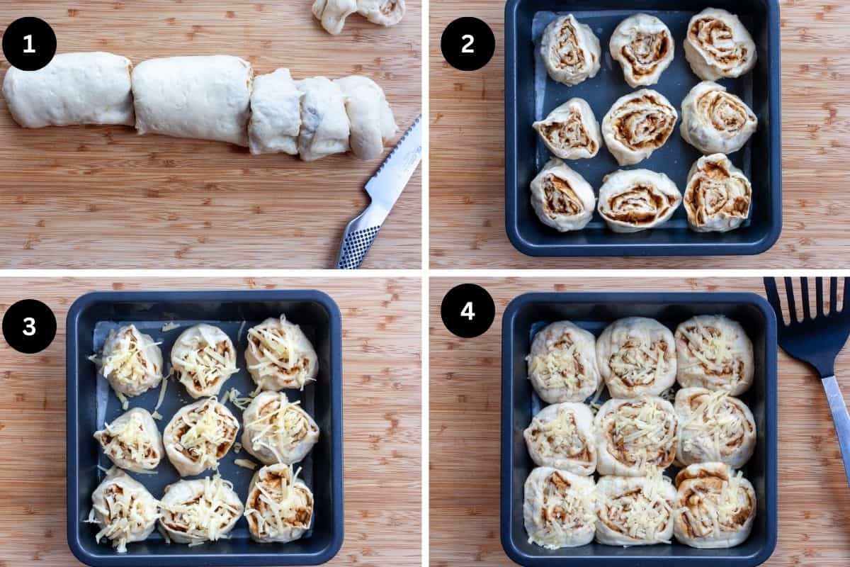 Collage showing four stages of forming scrolls - rolling dough, placing rounds in baking dish, scattering with cheese and flattening.