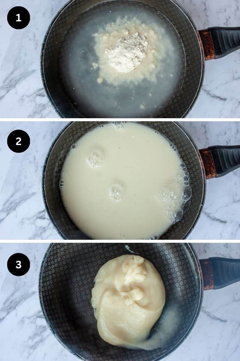 Collage showing three stages of making tangzhong in a small fry pan.