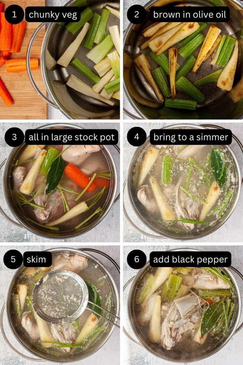 Collage showing how to make chicken broth for chicken noodle soup.