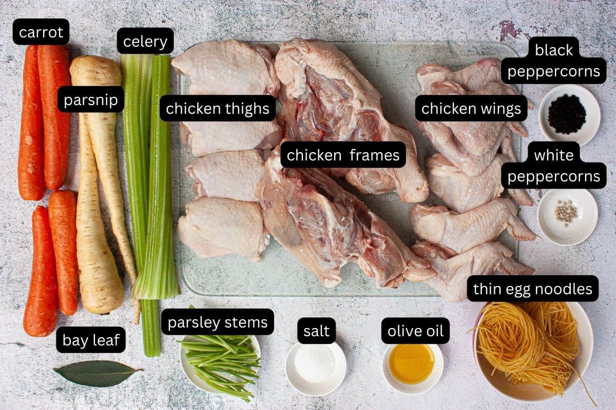 Annotated ingredients needed to make low FODMAP chicken noodle soup.