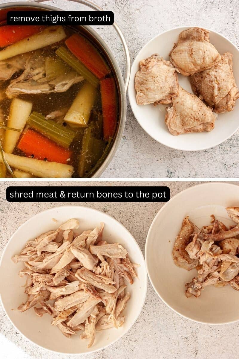 Collage showing poached whole chicken thighs in a bowl next to a big pot of chicken broth, then shredded meat.