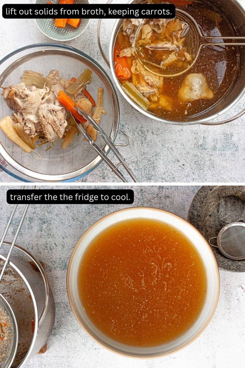 Collage showing solids being lifted out of chicken soup. and then the broth that remains.