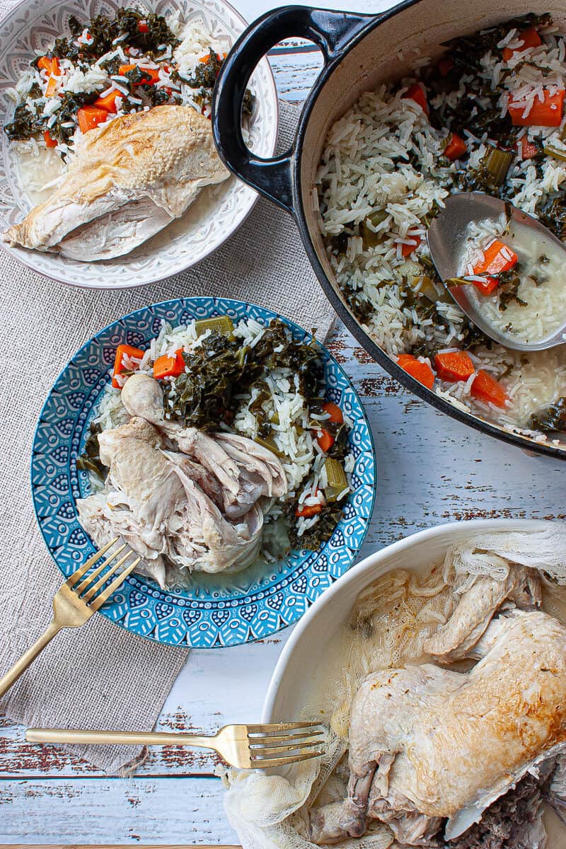 Bowls of chicken, rice and vegetables.