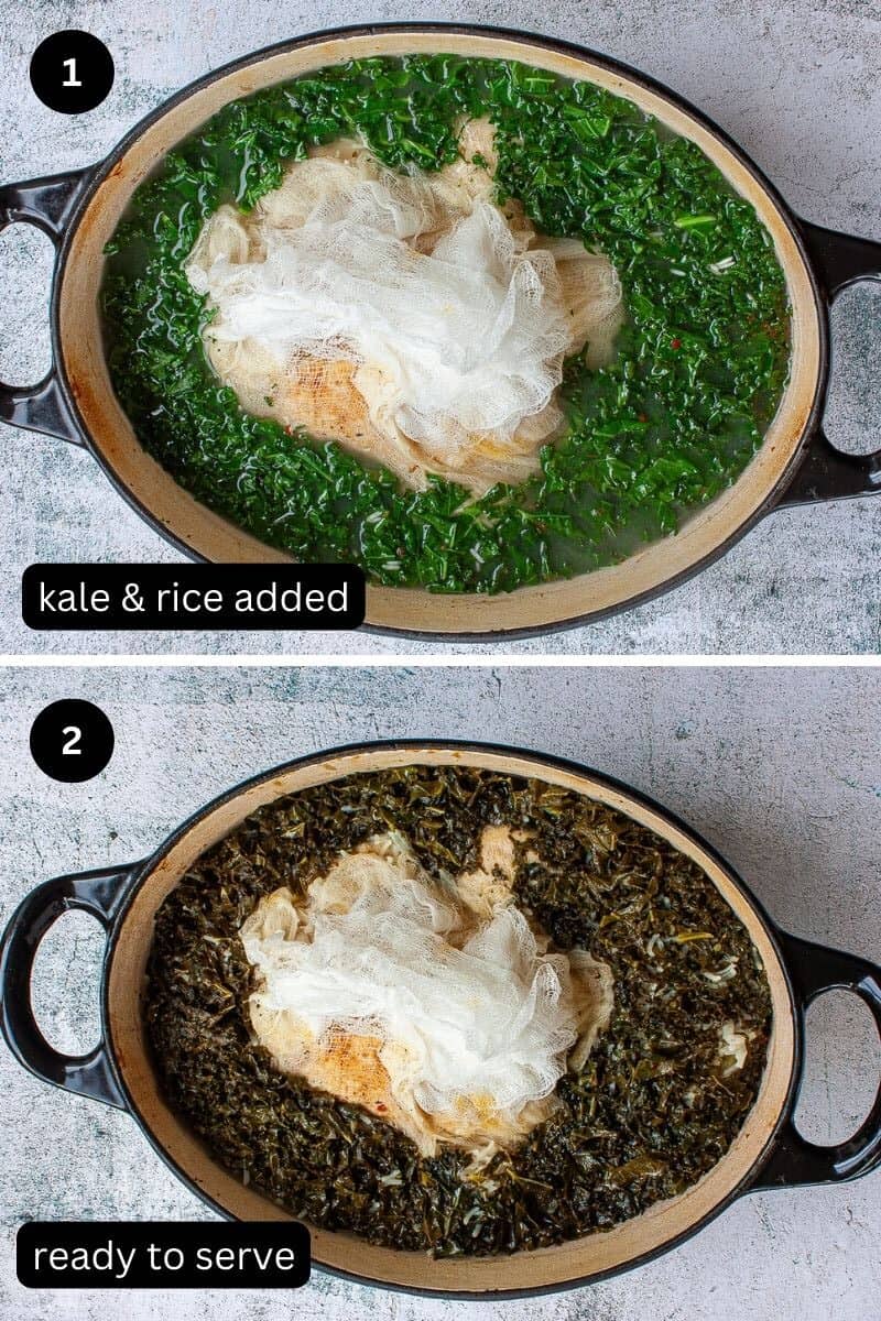 Whole chicken encased in cheesecloth in a large pan surrounded by shredded kale.