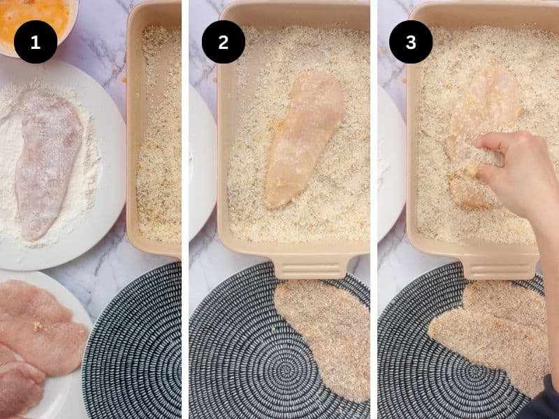 Collage showing steps for breading the chicken slices - flour, egg, then panko breadcrumbs.