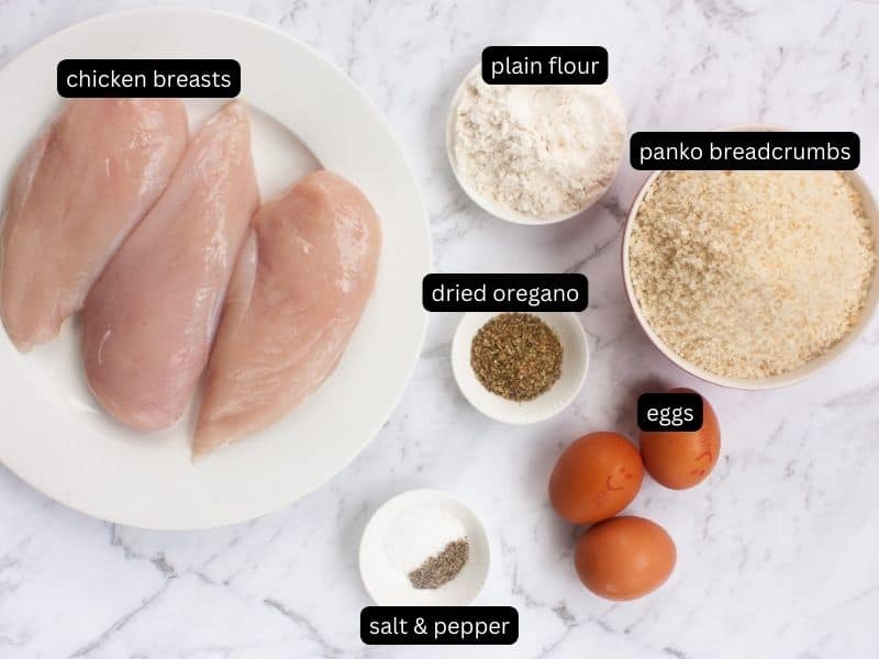 Labelled ingredients required to make chicken schnitzel.