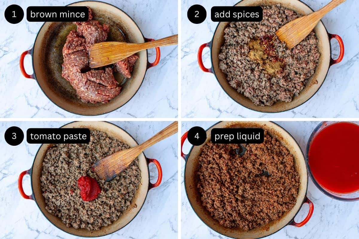 Collage showing the first four steps of making chilli con carne.