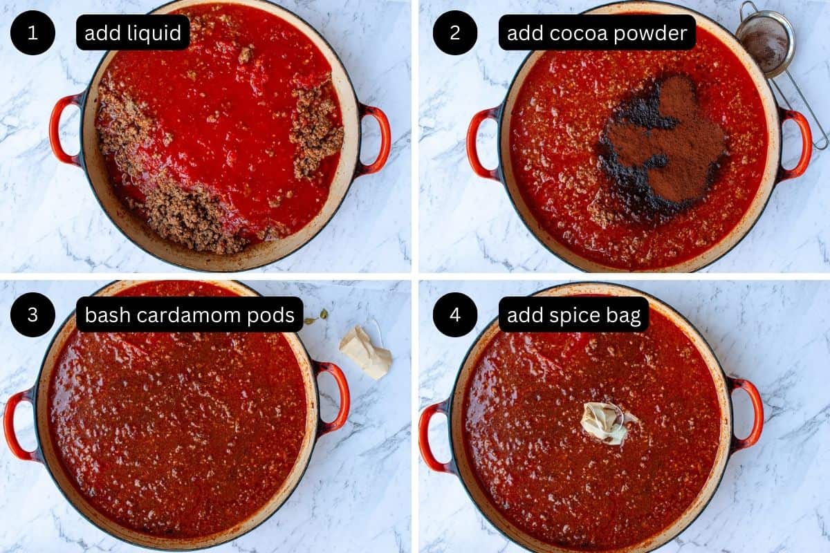 Collage showing four steps of chilli-making process - adding the liquid, cocoa powder and cardamom pods.