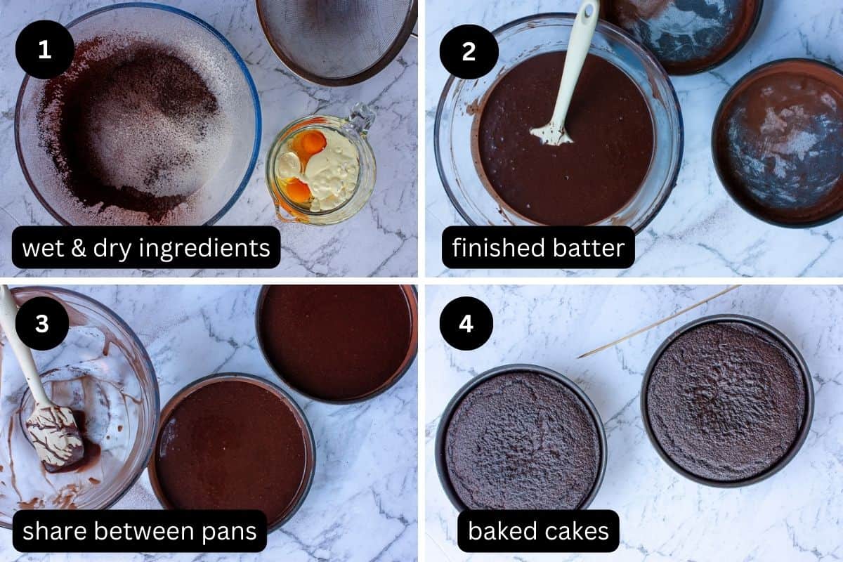 Collage showing the process of making the cake part of chocolate cake.