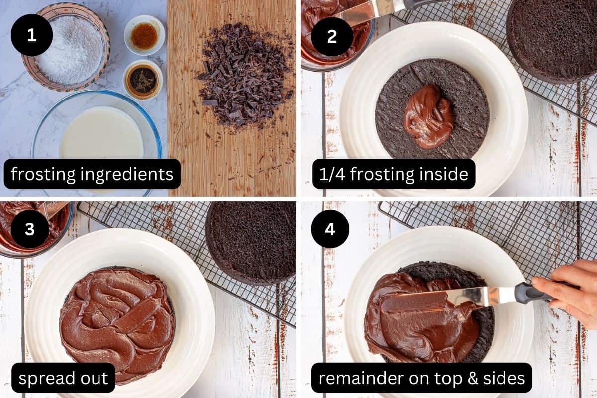 Collage showing the ingredients needed to make chocolate cake frosting and how to frost a cake.