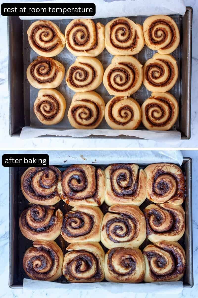 Collage showing cinnamon buns before and after baking.