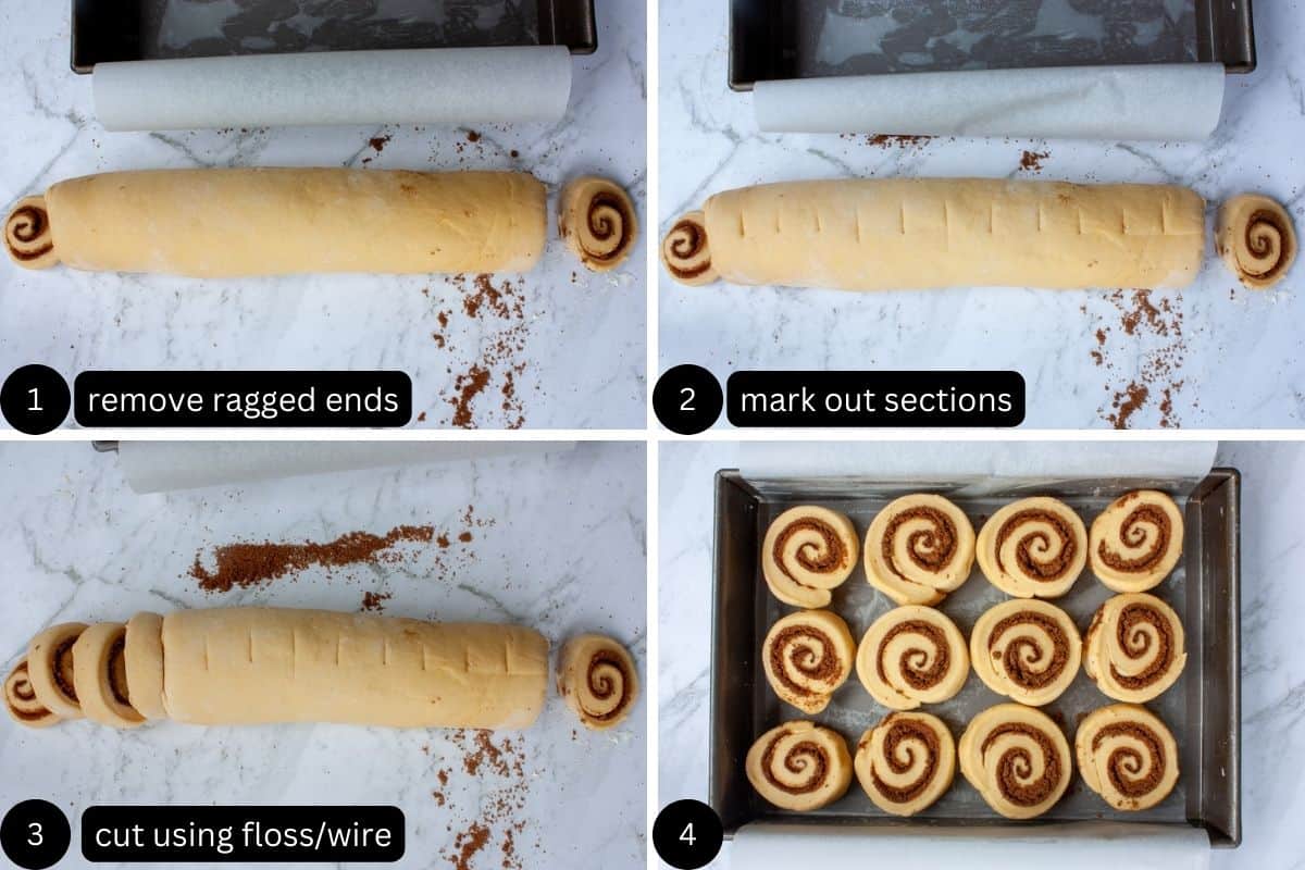 Collage showing how to cut the buns and arrange them in a baking pan.