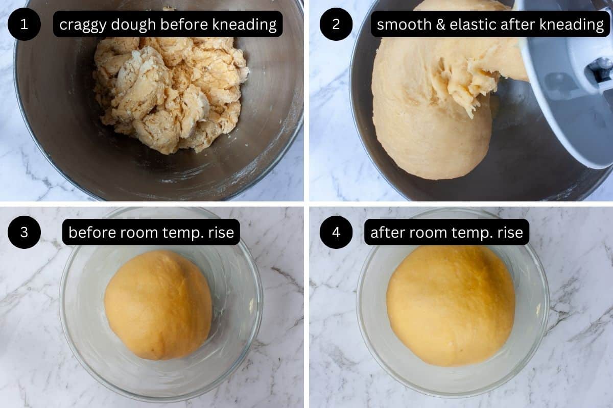 Collage showing process of making and proving the cinnamon bun dough.