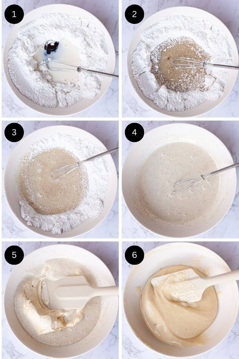 Collage showing the steps to make the cream cheese icing for cinnamon buns.