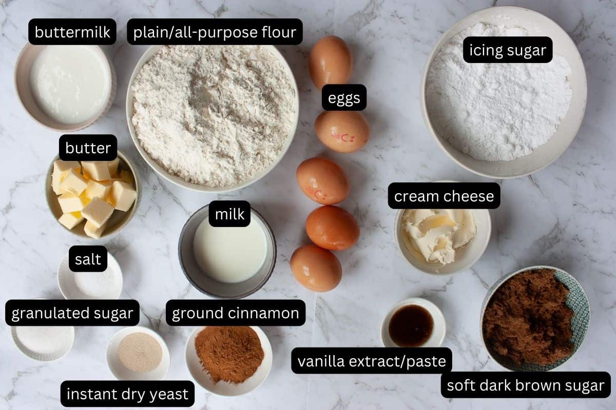 Annotated ingredients needed to make cinnamon buns.