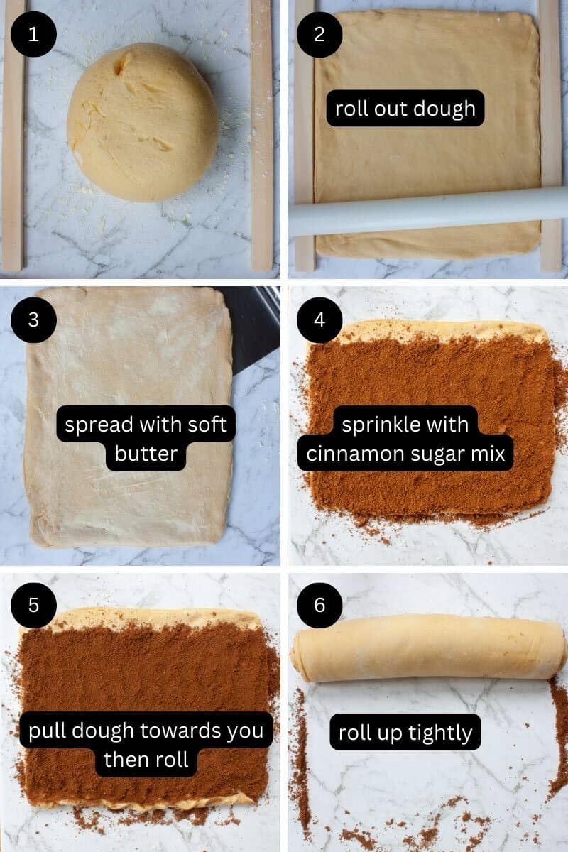 Collage showing process of rolling cinnamon dough out, covering with filling and rolling into a sausage shape.