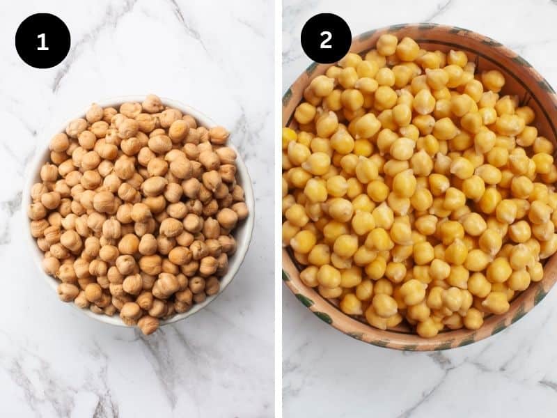 Collage of chickpeas before and after soaking.