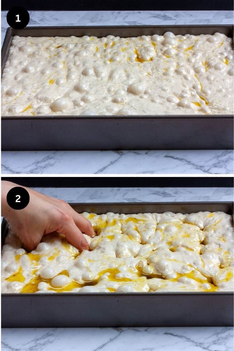 Collage showing bubbly focaccia dough in a tin after a room temperature rise and then being 'dimpled' with a clawed hand.