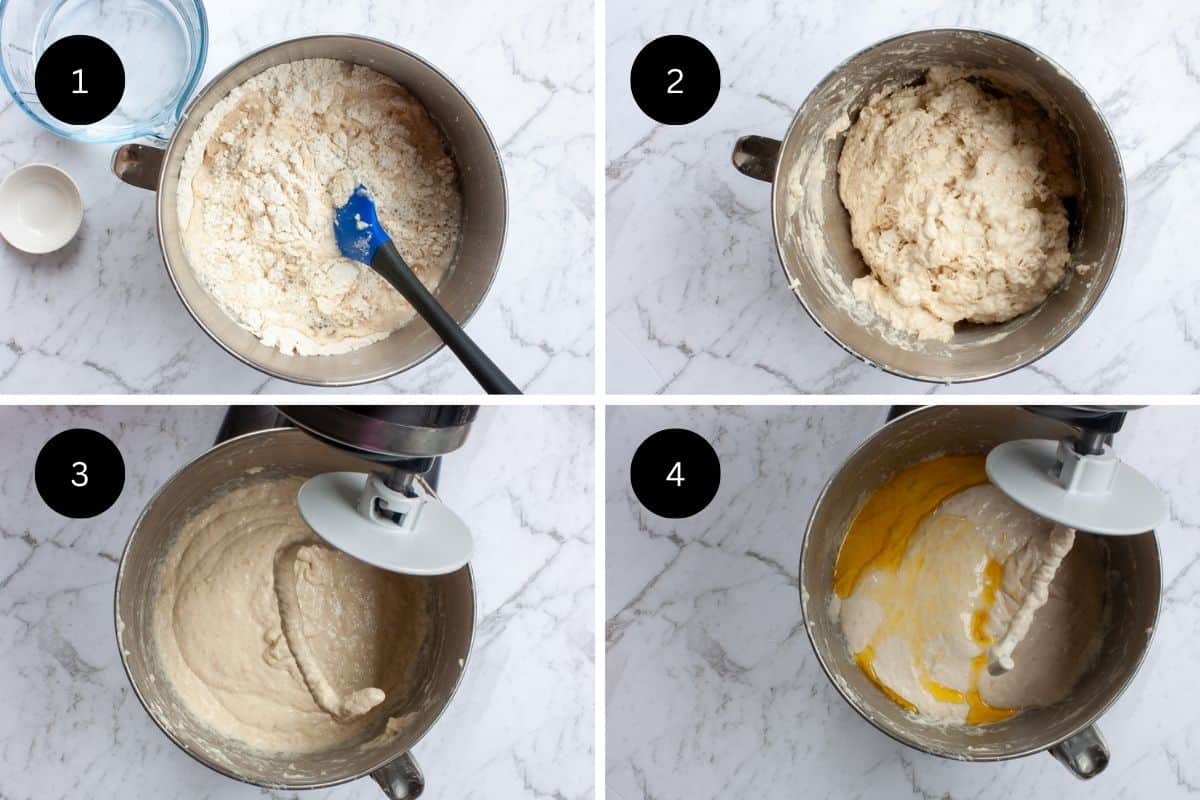 Collage showing focaccia dough being combined and kneaded in a stand mixer.