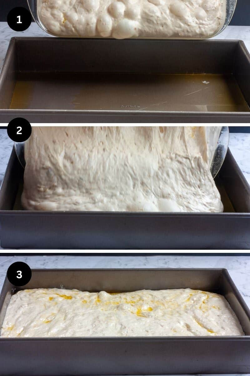 Collage showing focaccia dough being poured into a baking tin.