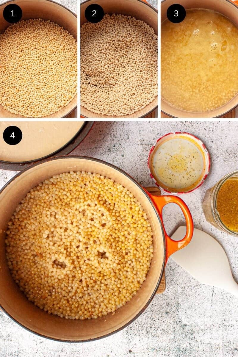 Collage showing Israeli couscous before and after toasting, then cooked using the absorption method.