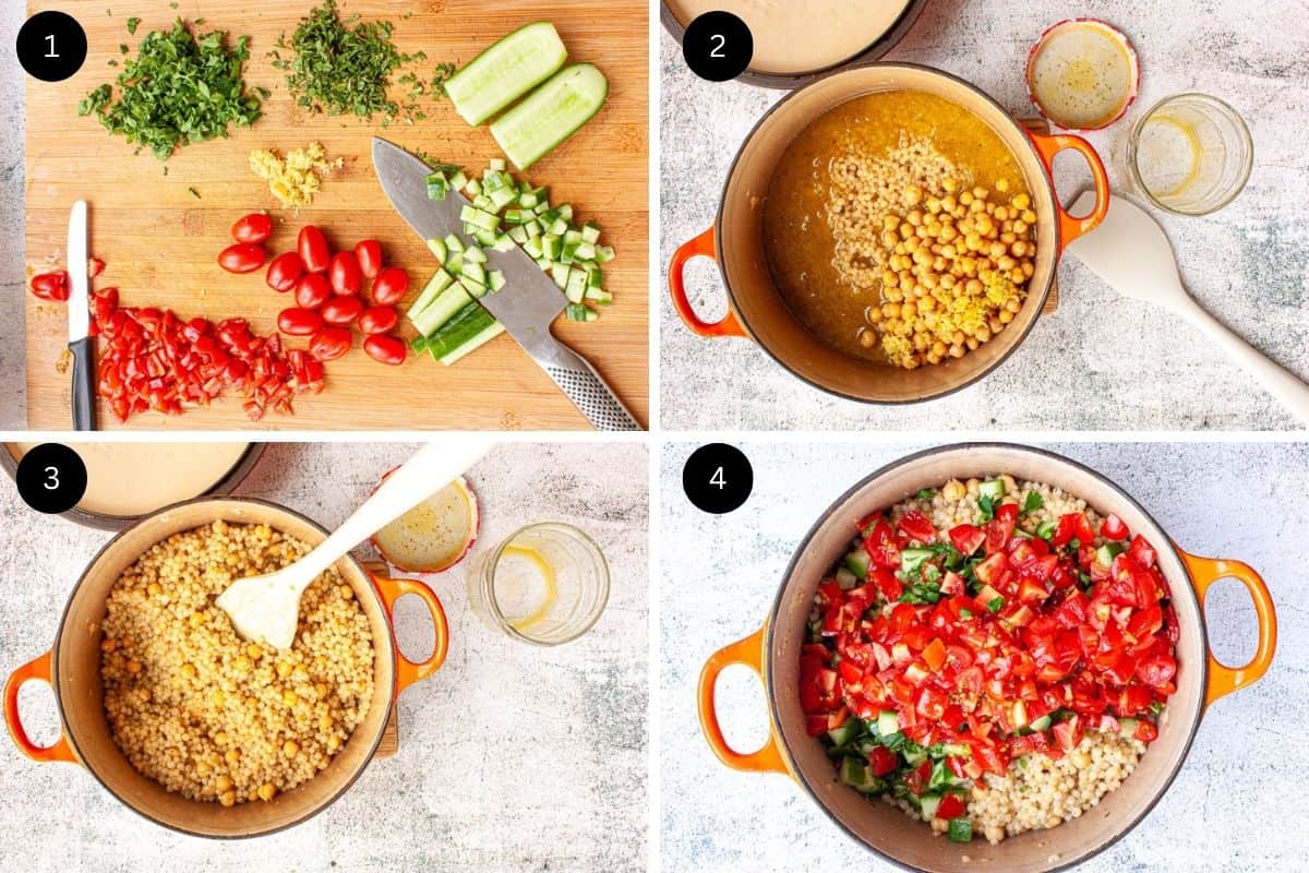 Collage showing cooked couscous combined with the other salad ingredients.