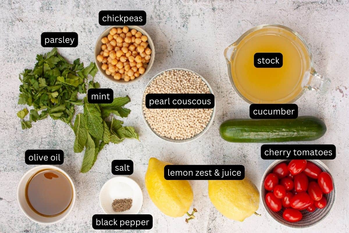 Annotated ingredients required to make giant couscous summer salad.