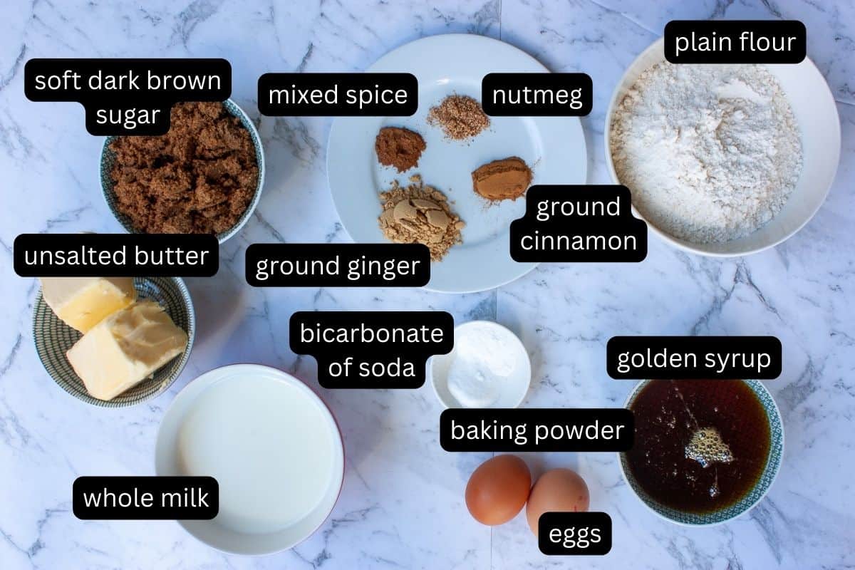 Labelled ingredients needed to make ginger loaf cake.