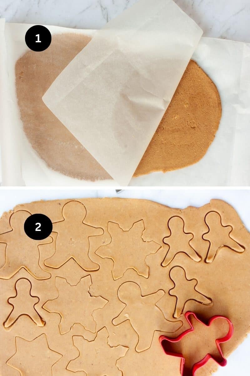 Collage showing dough sheet rolled out between baking paper sheets and a gingerbread man cutter sunk in dough.